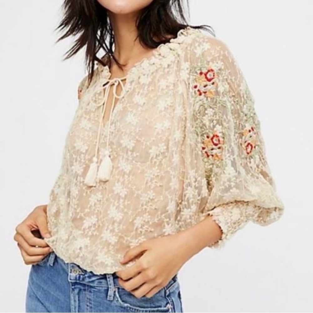Free People Cream “Jubilee” lace and embroidered top